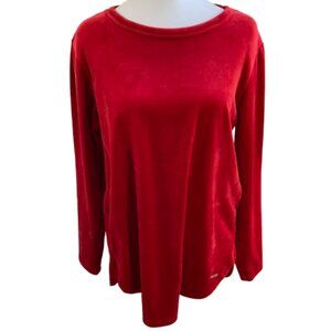 Calvin Klein Velour LS Top Round Neck Curved Hem Soft Cherry Red Pull-On, Small